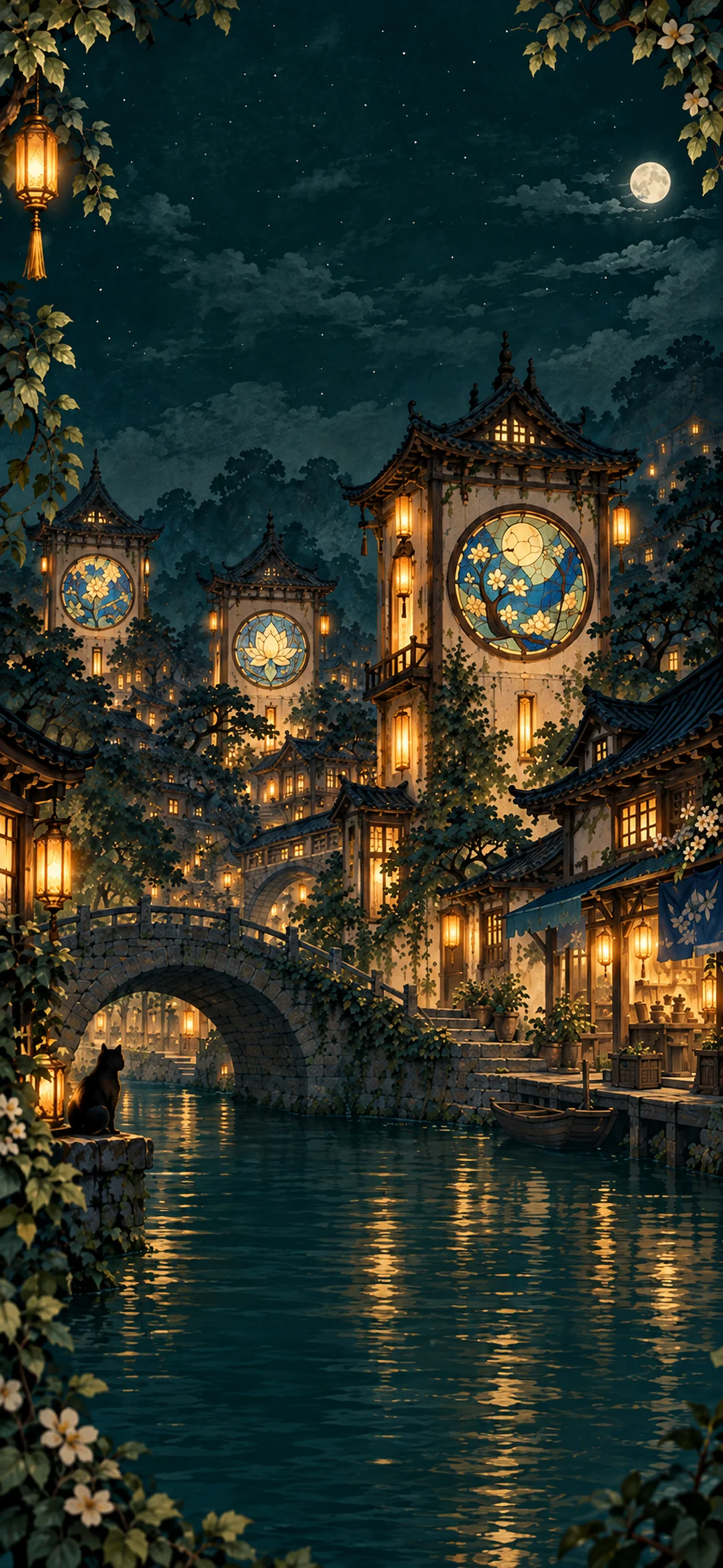 A moonlit lane with three stained-glass towers